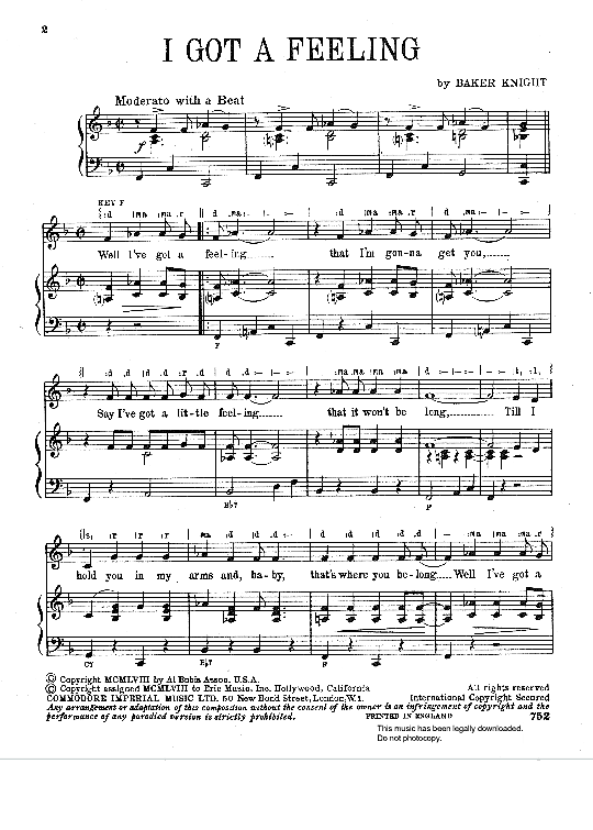 I Got A Feeling Klavier, Gesang & Gitarre PDF Noten von Ricky Nelson