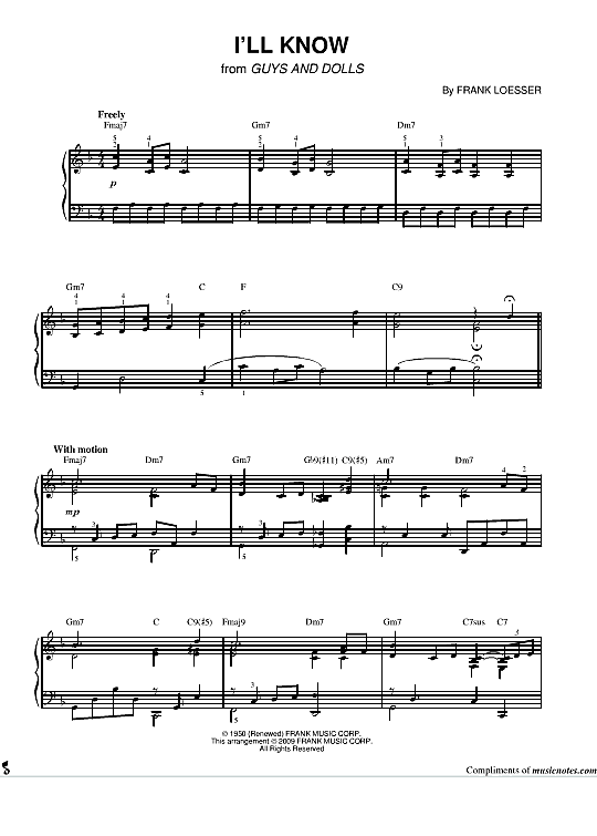 I ll Know from Guys and Dolls Klavier Solo PDF Noten von Frank