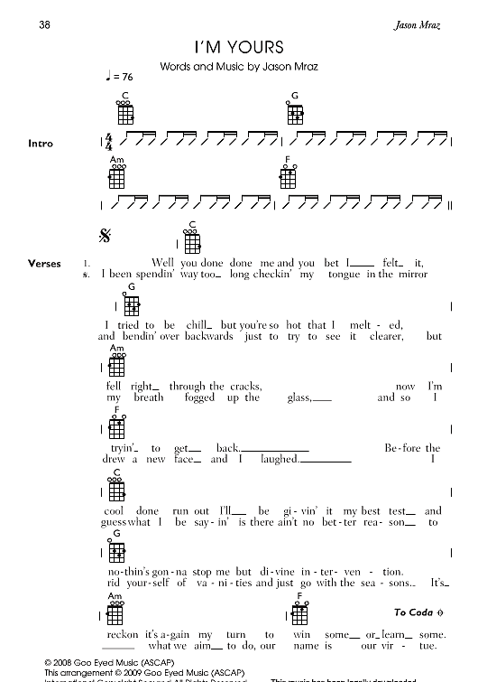 I m Yours Ukulele Chord Songbook PDF Noten von Jason Mraz in C Dur