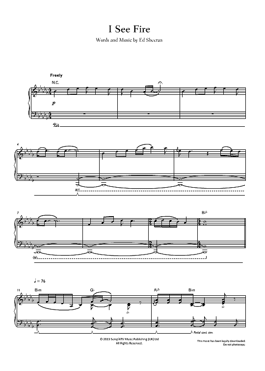 Ed Sheeran I See Fire Songtext Deutsch I See Fire Klavier Solo - PDF Noten von Ed Sheeran in - fbd-28001