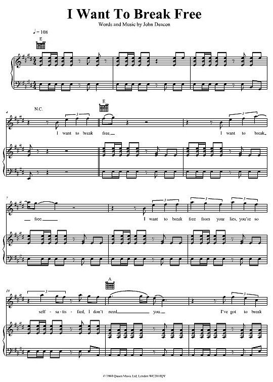 Queen I Want To Break Free Sheet Music Notes, Chords Download Printable