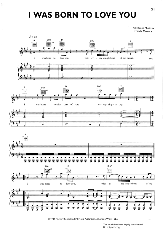 I Was Born To Love You Klavier, Gesang & Gitarre PDF Noten von Queen in A Dur fbd35271