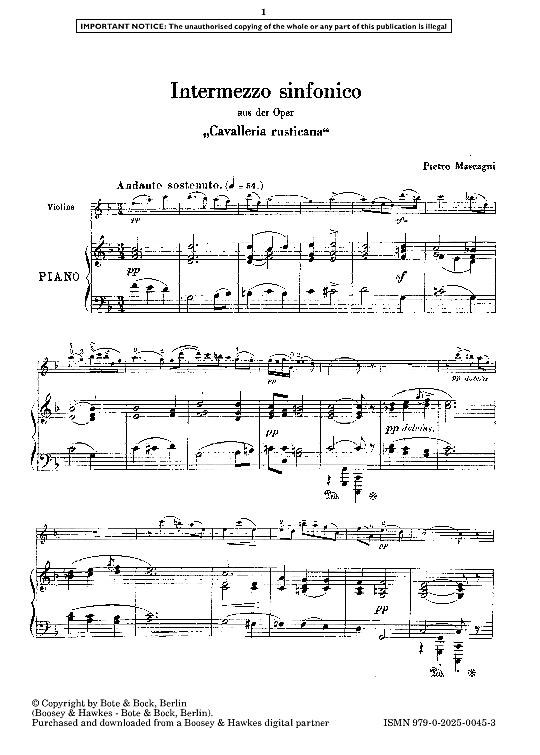 intermezzo sinfonico from cavalleria rusticana klavier & melodieinstr. pietro mascagni