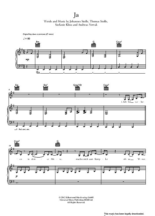 ja klavier gesang & gitarre silbermond