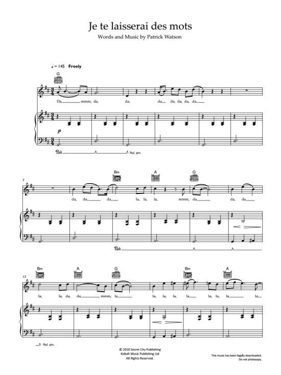 Je Te Laisserai Des Mots Chords Je Te Laisserai Des Mots Klavier, Gesang & Gitarre - PDF Noten von Patrick Watson in H Moll