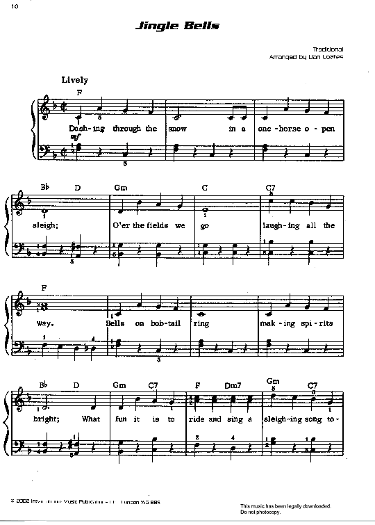 Jingle Bells Klavier einfach PDF Noten von James Pierpont in F Dur