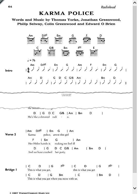 Karma Police Songbook mit Akkorden PDF Noten von Radiohead in A Moll