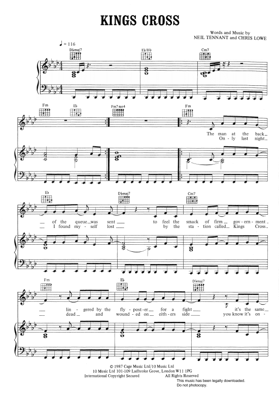 Kings Cross Klavier, Gesang & Gitarre PDF Noten von Pet Shop Boys in