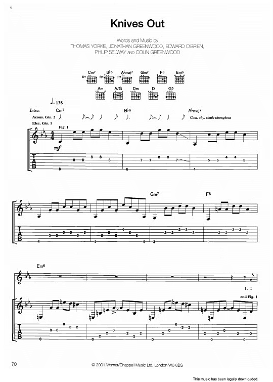 Knives Out Gitarre TAB PDF Noten von Radiohead in C Moll fbd1553