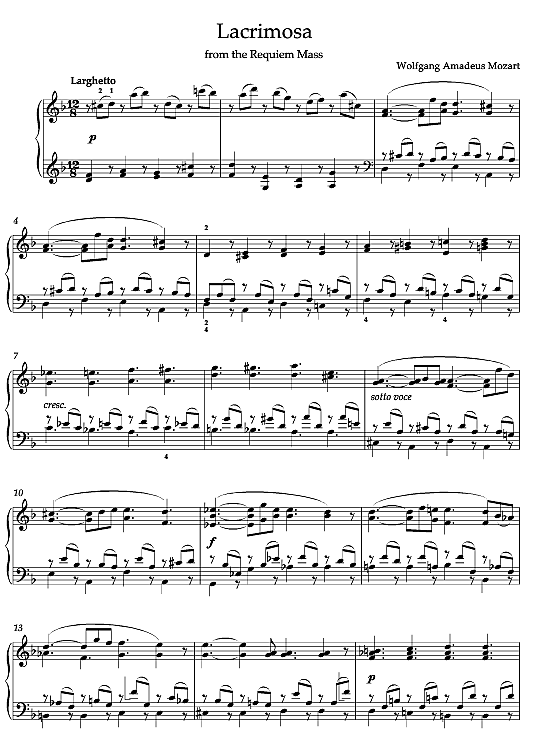 lacrimosa (from requiem mass in d minor k626 ) klavier solo wolfgang amadeus mozart