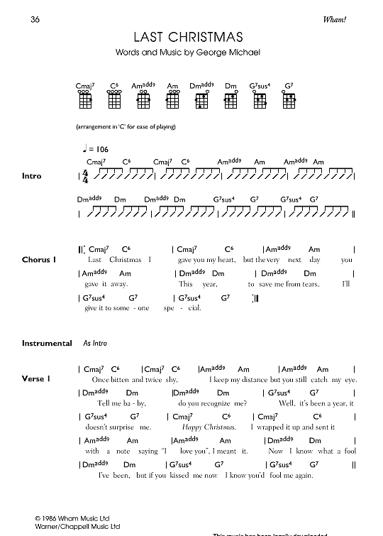 Last Christmas Ukulele Chord Songbook PDF Noten von Wham! in C Dur
