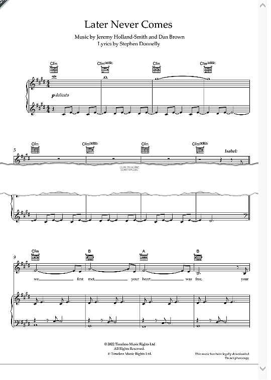 Later Never Comes Klavier, Gesang & Gitarre PDF Noten von Luke Evans