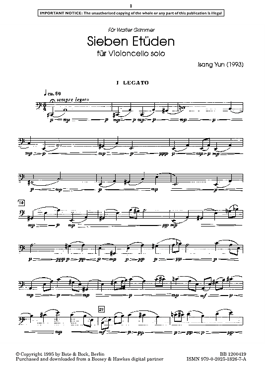 Legato 7 Etudes, No. 1 Solo 1 St. PDF Noten von Isang Yun in fbd26956