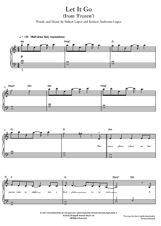 Let It Go from Frozen Klavier einfach PDF Noten von Idina Menzel in A Moll fbd32348