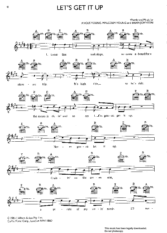 Let s Get It Up Melodie & Akkorde PDF Noten von AC/DC in E Dur fbd