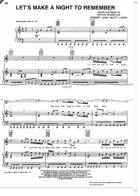 Let s Make A Night To Remember Klavier, Gesang & Gitarre PDF Noten von Bryan Adams in C Dur