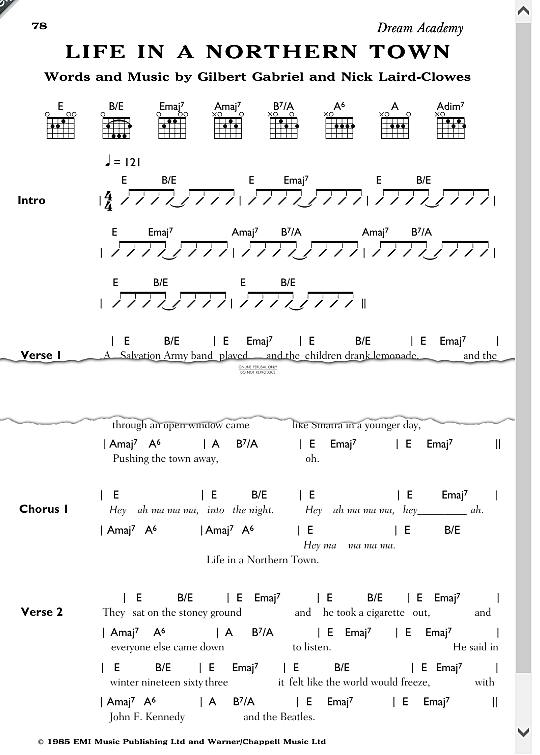 Life In A Northern Town Songbook mit Akkorden PDF Noten von The Dream Academy in E Dur