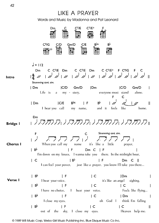 Like A Prayer Ukulele Chord Songbook PDF Noten von Madonna in D Moll fbd39574