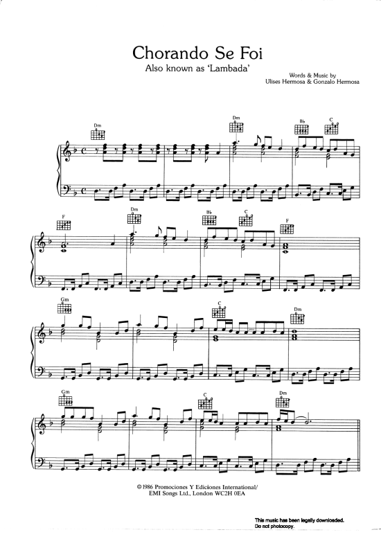 Llorando Se Fue Lambada Klavier Solo PDF Noten von Kaoma in D Moll