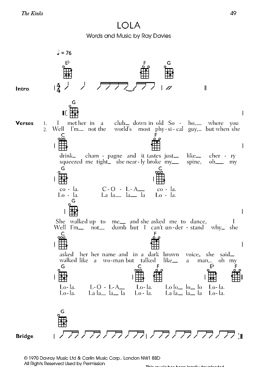 Lola Ukulele Chord Songbook PDF Noten
