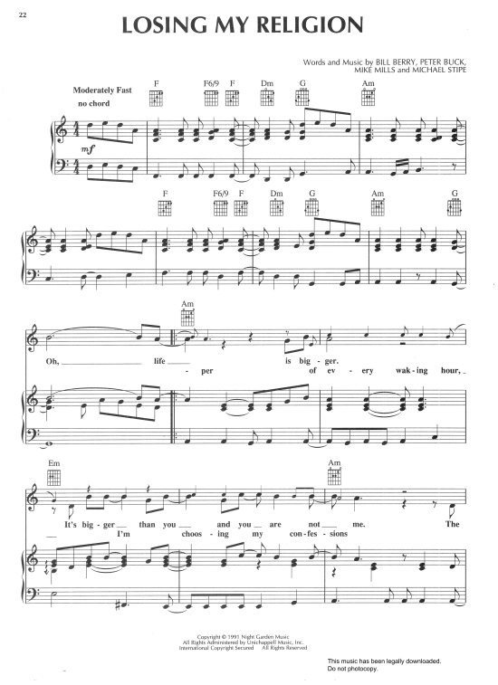 Losing My Religion Klavier Gesang Gitarre Pdf Noten Von R E M In A Moll Fbd 339