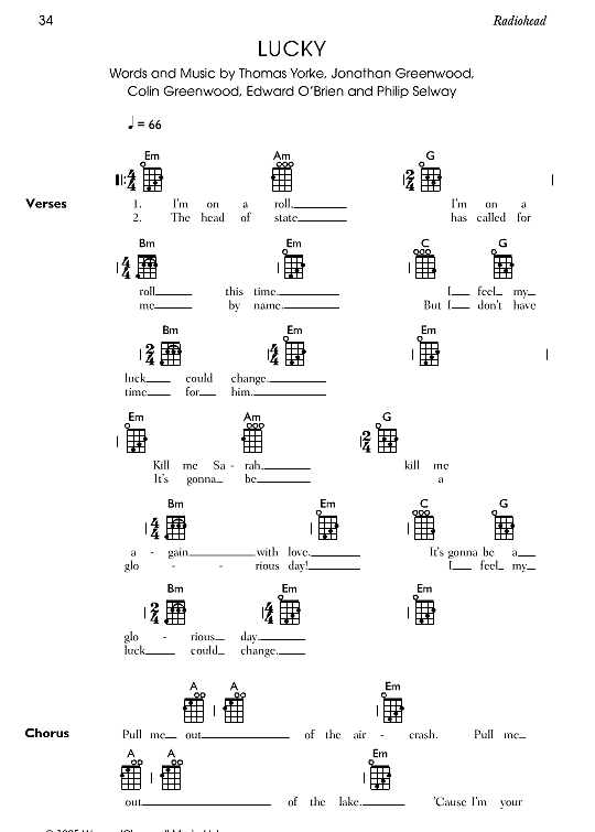 Lucky Ukulele Chord Songbook PDF Noten von Radiohead in A Moll fbd39027