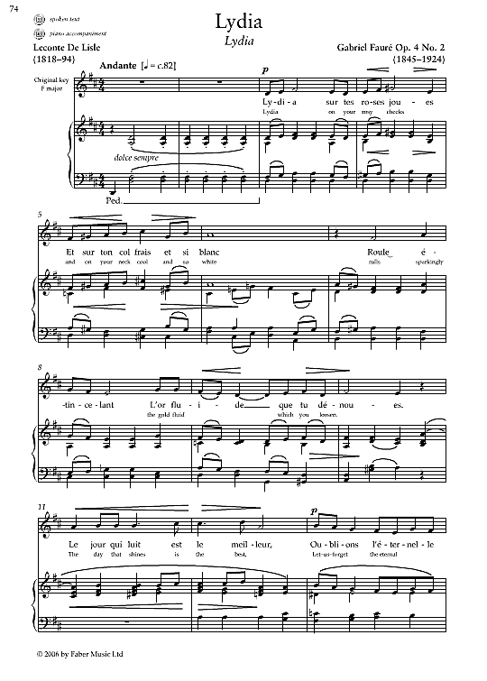 Lydia Op.4 No.2 Klavier & Gesang PDF Noten von Gabriel Faure in fbd