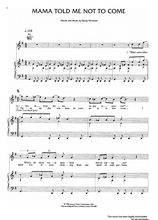 Mama Told Me Not To Come Klavier, Gesang & Gitarre PDF Noten von Tom