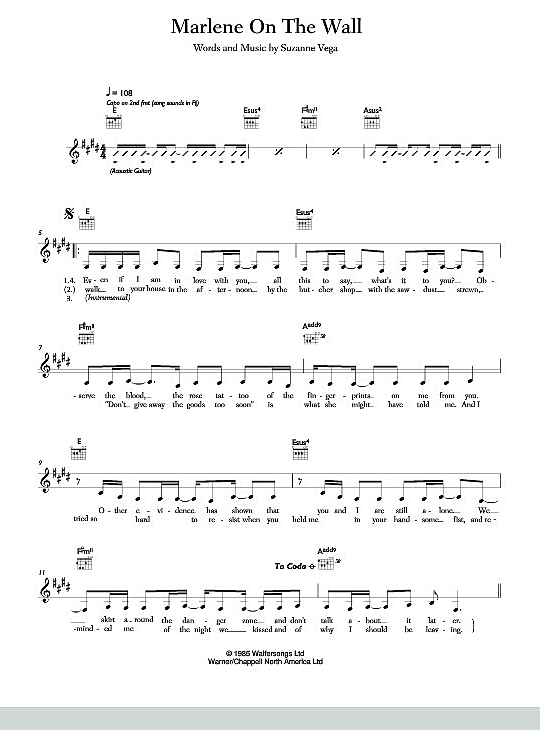 Marlene On The Wall Melodie & Akkorde PDF Noten von Suzanne Vega in