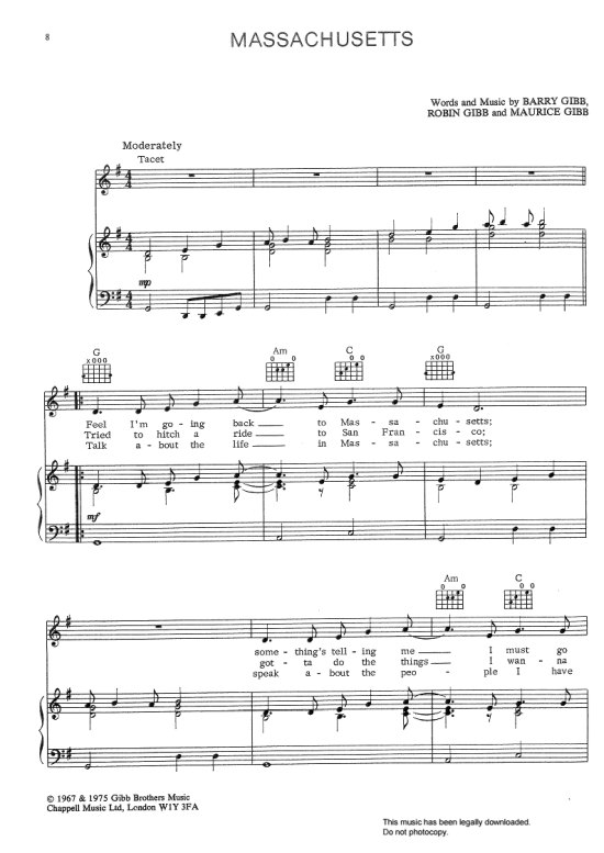 Massachusetts The Lights Went Out Klavier, Gesang & Gitarre PDF Noten