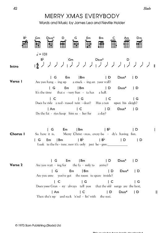 Merry Xmas Everybody Ukulele Chord Songbook PDF Noten von Slade in D