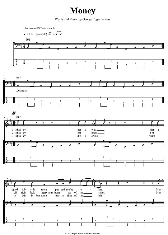 Money Bass Tab PDF Noten von Pink Floyd in H Moll fbd485