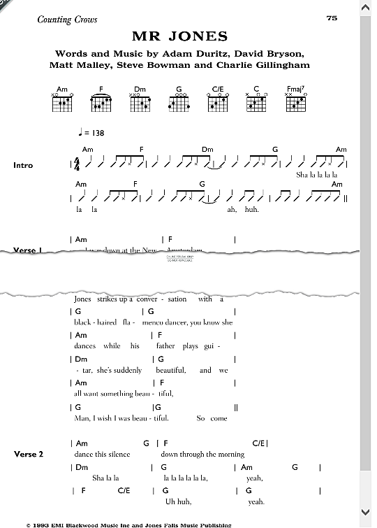 Mr Jones Songbook mit Akkorden PDF Noten von Counting Crows in A Moll