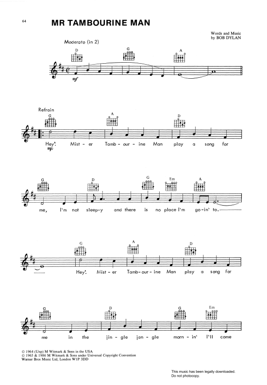 Mr Tambourine Man Melodie & Akkorde PDF Noten von Bob Dylan in D Dur