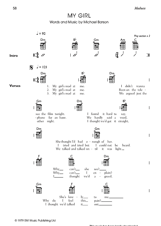 My Girl Ukulele Chord Songbook PDF Noten von Madness in D Moll fbd