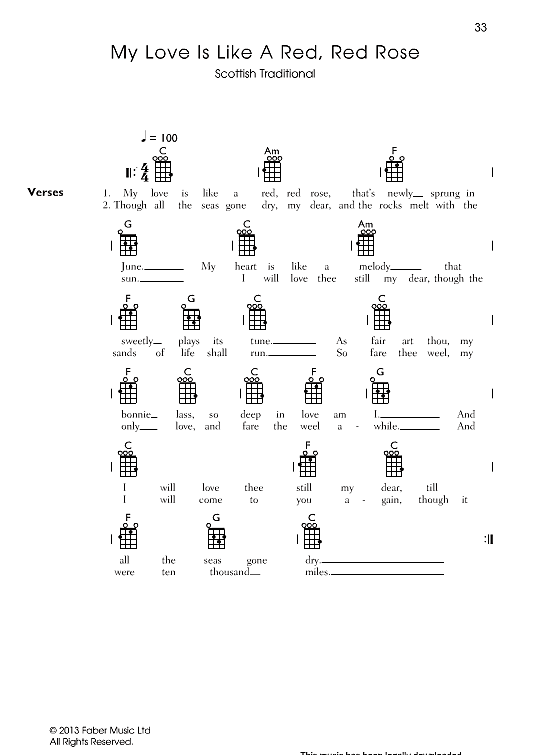 My Love Is Like A Red, Red Rose Ukulele Chord Songbook PDF Noten von