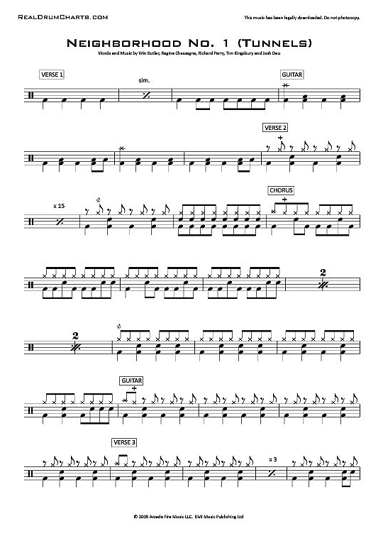 Neighbourhood 1 Tunnels Schlagzeug Chart PDF Noten von Arcade Fire