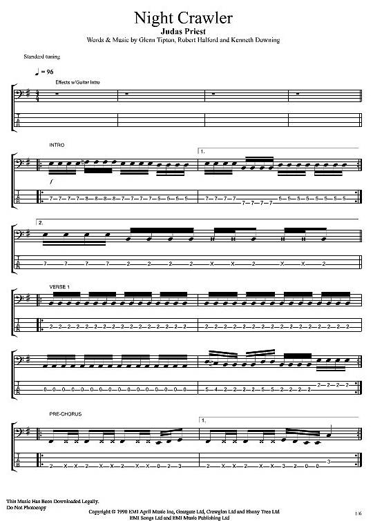 Night Crawler Bass Tab PDF Noten von Judas Priest in E Moll fbd11750
