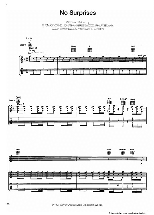 No Surprises Gitarre TAB PDF Noten von Radiohead in F Dur fbd1556