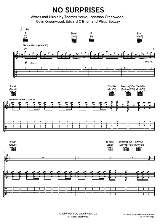No Surprises Gitarre TAB PDF Noten von Radiohead in F Dur fbd32611