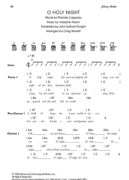 O Holy Night Ukulele Chord Songbook - PDF Noten von Johnny Mathis in - fbd-39963