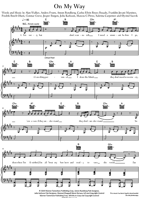 On My Way Klavier, Gesang & Gitarre PDF Noten von Alan Walker in E Dur fbd36094