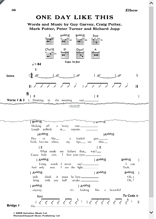 One Day Like This Songbook mit Akkorden PDF Noten von Elbow in E Dur