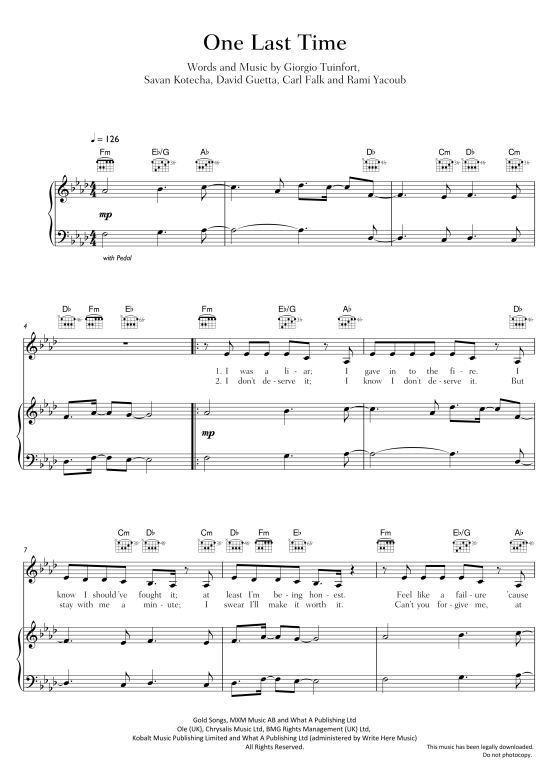 One Last Time Klavier, Gesang & Gitarre - PDF Noten von David Guetta in ...