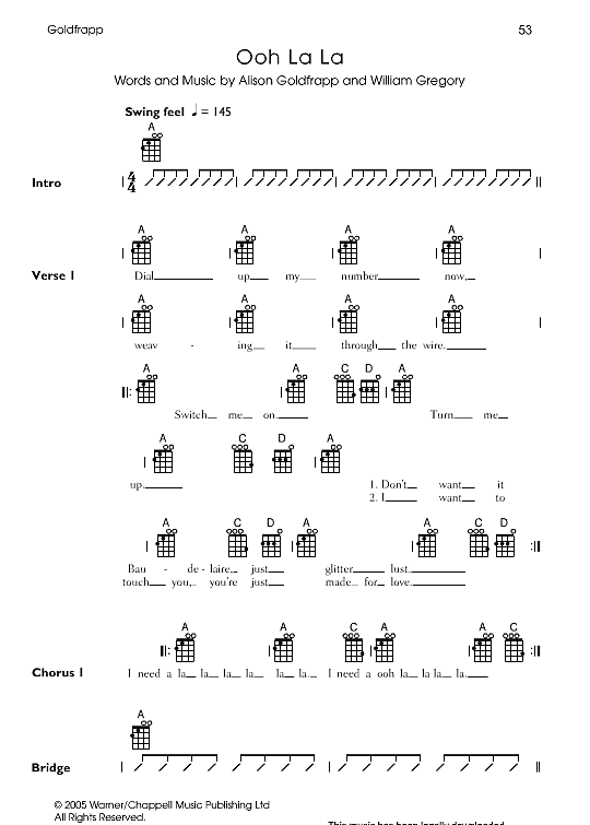 Ooh La La Ukulele Chord Songbook PDF Noten von Goldfrapp in A Dur
