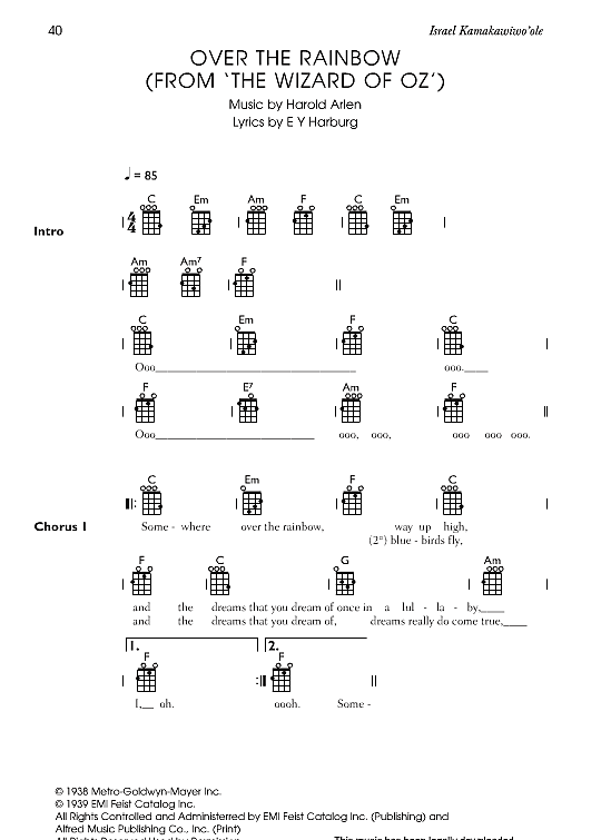 Over The Rainbow Ukulele Chord Songbook PDF Noten von Israel Kamakawiwo ole in C Dur fbd39109