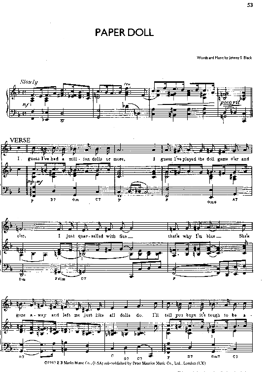 Paper Doll Klavier, Gesang & Gitarre PDF Noten von Johnny S Black in