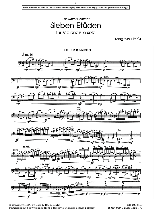 Parlando 7 Etudes, No. 3 Solo 1 St. PDF Noten von Isang Yun in fbd