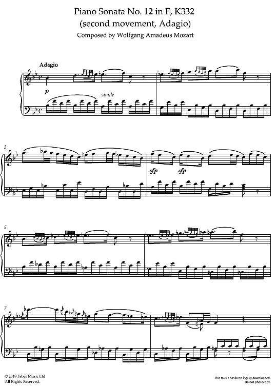 piano sonata no. 12 in f, k332, adagio klavier solo wolfgang amadeus mozart