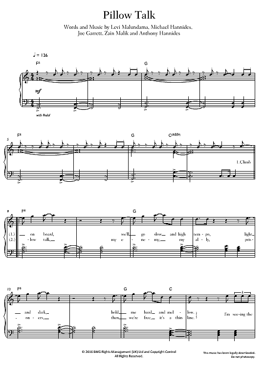 Pillow Talk Klavier einfach PDF Noten von ZAYN in C Dur fbd30123